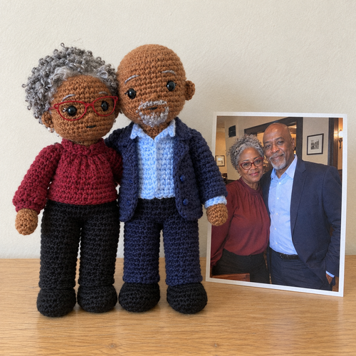 Crochet portrait of Carol and Ade, married thirty years, next to the printed photo it was made from