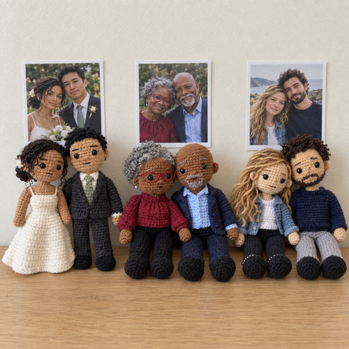 Three different custom crochet dolls, each beside the photo it was made from