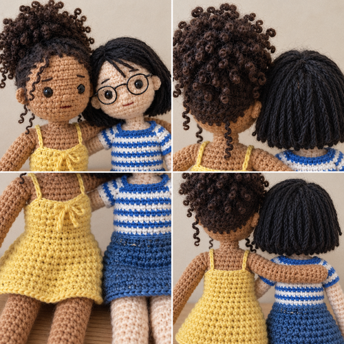 Crochet portrait of Zoe and Nadia, best friends, up close: the face, the stitches and the back