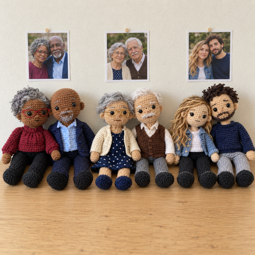 Three different custom crochet dolls, each beside the photo it was made from