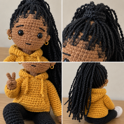 Crochet portrait of Maya, a sister in her twenties, up close: the face, the stitches and the back