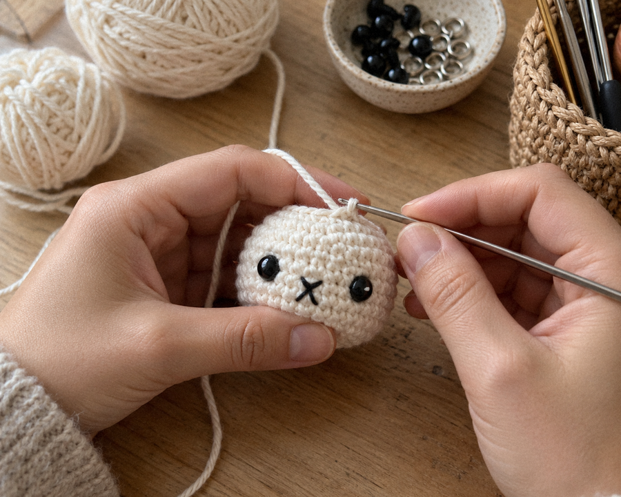 A maker stitching a crochet face in the Vietnam workshop